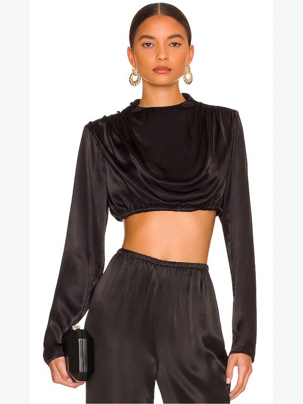 Camilla Coelho Chelsie Black Satin Draped Long Sleeve Crop Top Chic Quiet Luxury